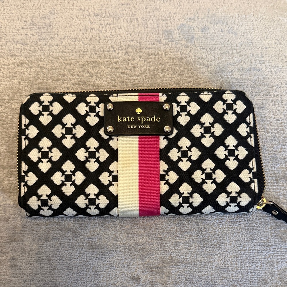 Kate Spade Spade Link Stripe Zip Around Wallet Wristlet Black Pink